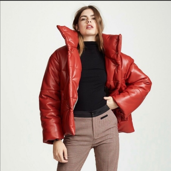 red leather puffer jacket